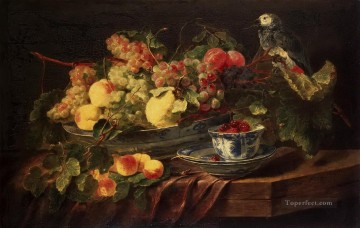 静物 Painting - 果物とオウムのある古典的な静物画 古典的な静物画
